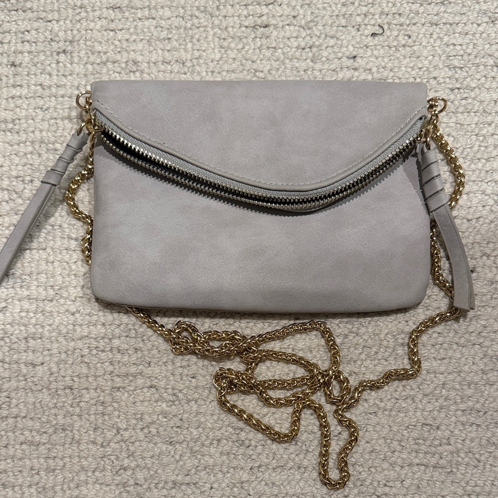 Street Level Gray Leather Bag with detachable Gold Chain